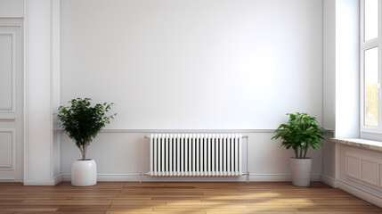 A Room with Wood Elements, White Wall, and Modern Radiator