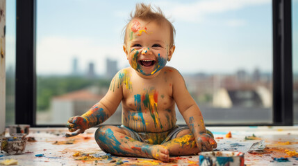 Little kid covered in paint - obrazy, fototapety, plakaty