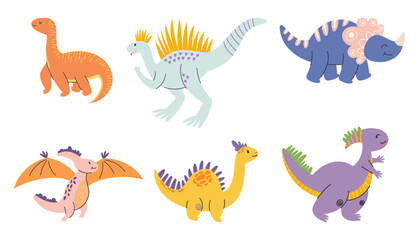 Whimsical Set Of Cartoon Dinosaur Characters, Perfect For Adding A Prehistoric Charm To Projects. Dino Personages
