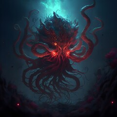 an eldritch abomination with tentacles covered in thorns Deep dark ocean Glowing red eyes Scary and ominous Ominous lighting Octane render  - obrazy, fototapety, plakaty
