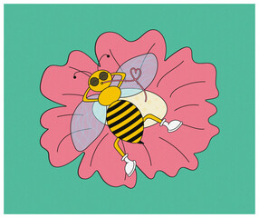 Funny cartoon bee in sunglasses drinking nectar through a tube lying on a flower on green background in retro style