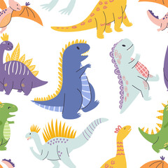 Seamless Pattern Featuring Adorable Cartoon Dinosaurs In Vibrant Colors, Perfect For Adding Playful Charm