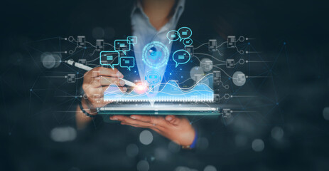 Business using tablet for digital chatbot, GPT chats, Ai robot application, conversation assistants, artificial intelligence concept, artificial intelligence, AI digital chatbot on virtual screen.