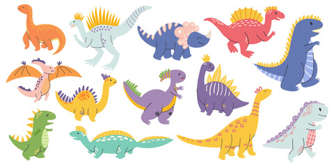 Delightful Set Of Charming Cartoon Dino Characters, Each With Its Unique Personality And Vibrant Colors, Vector © Anna Syvak