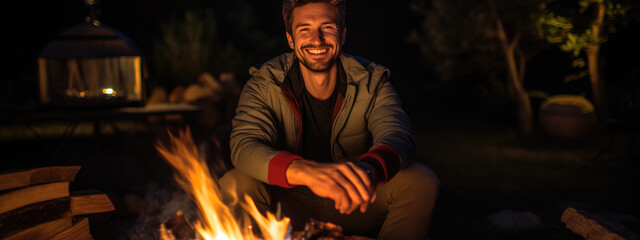 Portrait of a happy smiling man against the background of a bonfire