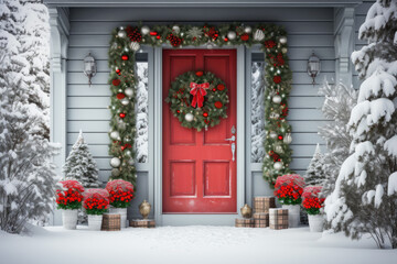 Fototapeta na wymiar Christmas porch decoration, house red door with festive decor and snow