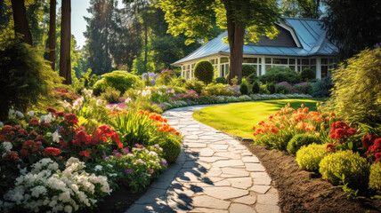 Landscape design of home garden, path in beautiful house backyard