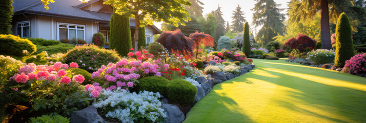 Panoramic view of landscaped home garden, beautiful house backyard
