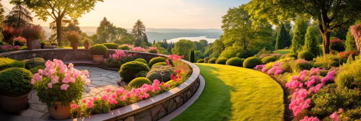 Fototapete Garten Landscape design of home garden with retaining walls, panoramic view