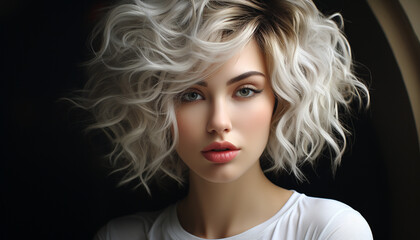 Beautiful blond woman with curly hair, looking sensually at camera generated by AI