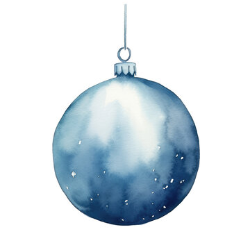 Blue Christmas ball watercolour illustration. clipart for design. Christmas elements. isolated on transparent background. Generative ai