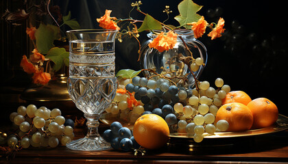 Freshness of nature bounty on a wooden table, a vibrant still life generated by AI