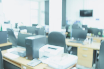 Modern business office without people with blurred bokeh background. tables, chairs, computers, officer building. Business blur in the workplace or work space of table work in office with computer.