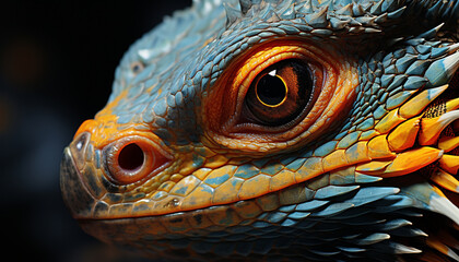 Naklejka premium A colorful lizard in the wild, its eye looking at you generated by AI