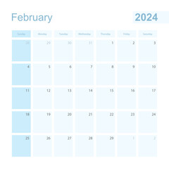 2024 February wall planner in blue color, week starts on Sunday.