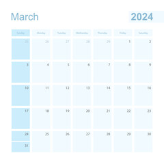 2024 March wall planner in blue color, week starts on Sunday.