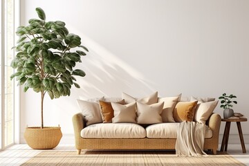 Living room interior with brown velvet sofa, pillows, plant and white wall background
