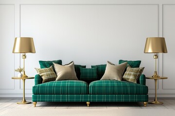 Living room interior with dark green velvet sofa, pillows, lamps and white wall background