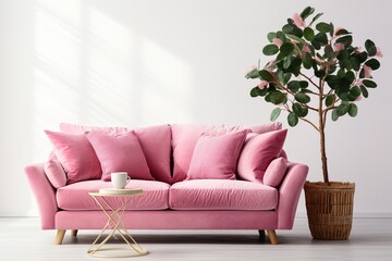 Living room interior with pastel pink velvet sofa, pillows, plant and white wall background
