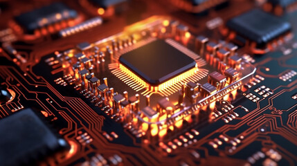 Fototapeta na wymiar Close-up exploration of computer chip circuitry