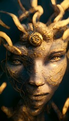 Medusa buste made of bronze solarpunk unreal render octane render volumetric lighting cinematic photo realism high detail 8k 