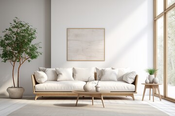 Fototapeta na wymiar Modern beautiful interior with a white wall, carpet and a stylish sofa. Light Scandinavian design