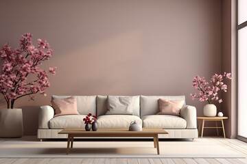 Modern interior design, in a living room, next to a table with flowers against a gray wall. Bright, spacious room with a comfortable sofa, plants and elegant