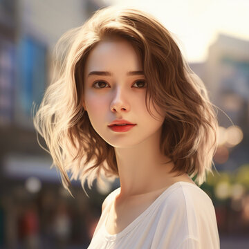 salon kei],a girl with soft light brown hair is photograph, in the style of realistic hyper-detailed photograph [background city weather fine autumn],natural makeup,[hyper-realistic skin texture]