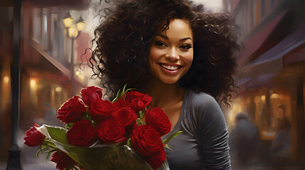 Chica morena sonríe en el día de San Valentín cuando le regalan flores - obrazy, fototapety, plakaty