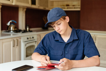 Teen boy is counting checking the pocket money in his wallet, home background. Freelancer, work for...
