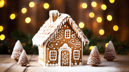 Gingerbread house on a festive table with bokeh lights in the background, Merry Christmas, Advent time, greeting Card. Banner with copy space