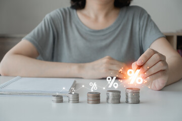 Interest rate and dividend concept, Business people calculate income and return on investment in...