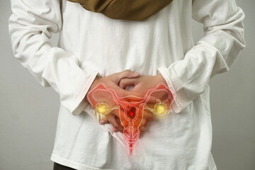 Digital composition of women internal reproduction system with highlighted red inflammation on sick person, female person with stomach pain, health and medical