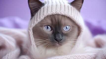 Siamese cat is all cozied up. Cute and fluffy