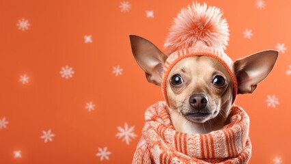 Dog wears a winter beanie and scarf. Snowflakes banner with space for text