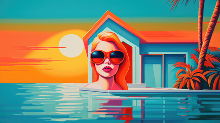 Woman with sunglasses having summer fun holiday at sunset on a tropical paradise island vacation beach house with palm trees and blue ocean water pool. vivid colorful tropical travel destination. 