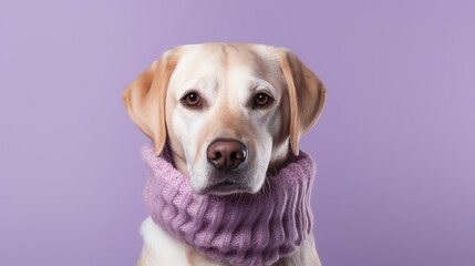 Labrador dog wearing a winter Scarf. Isolated purple Background