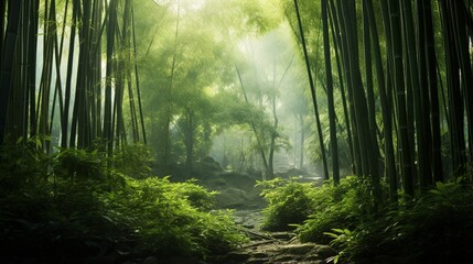 A bamboo grove with soft light filtering through the slender stalks.