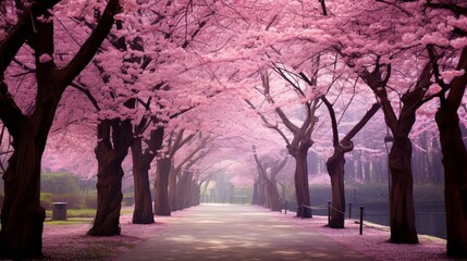 A cherry blossom grove in full bloom.