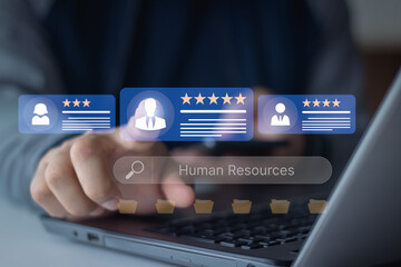 HR or human resource manager check the personnel candidate digital CV online to select professional employee for their business. job search, recruit, headhunter, employ. Business technology concept.