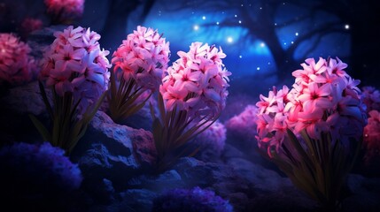 Fototapeta na wymiar A cluster of neon hyacinths emitting a gentle glow under the soft illumination of the moon.