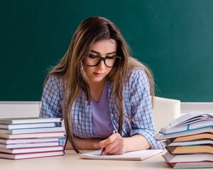 Female student in front of chalkboard