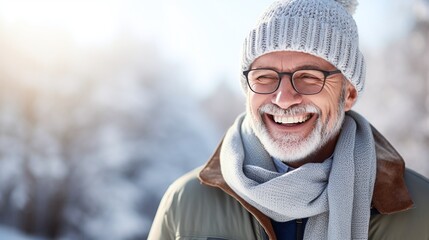 Adult man with glasses and warm clothes lis laughing while standing outside. Winter season. Bokeh Background  - obrazy, fototapety, plakaty