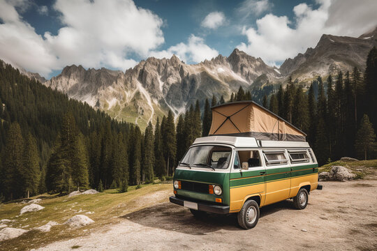 Generative AI illustration of retro van parked on roadside in forest with tall coniferous trees against sunset sky in nature