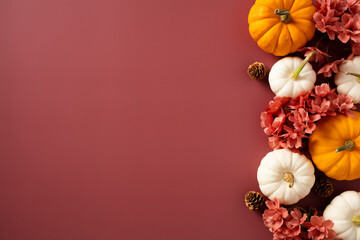 Happy Thanksgiving day concept. Autumn background with pumpkins, flowers, fall decor on dark red...