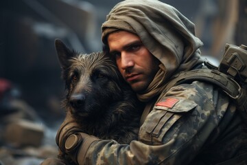 Soldier hugging his dog - obrazy, fototapety, plakaty
