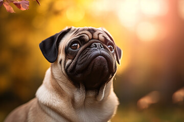 Generative AI illustration of portrait of brown dog sitting against blurred forest while looking away in autumn day at sunset