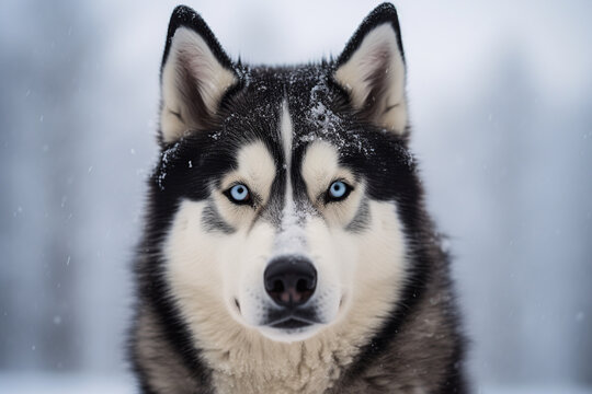Generative AI illustration of portrait of white and black dog sitting against blurred snowy background while looking at camera