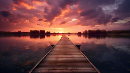 A long pier extending into a serene lake, bathed in the warm hues of sunset.