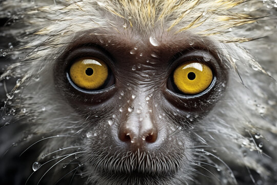 Generative AI illustration of closeup of texture muzzle of wild lemur with dew on hair looking at camera